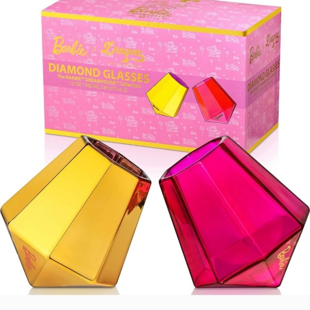 Dragon Glassware x Barbie Whiskey Glasses 10 oz Gold Pink Set of 2